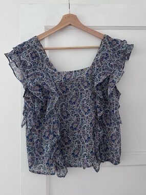 Mango Floral Ruffle Sleeveless Top - Blue - Size M